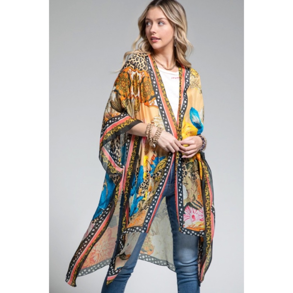 SOLD OUT Milan Colorful Leopard Animal Print & Floral Border Kimono Wrap Coverup - Picture 10 of 15